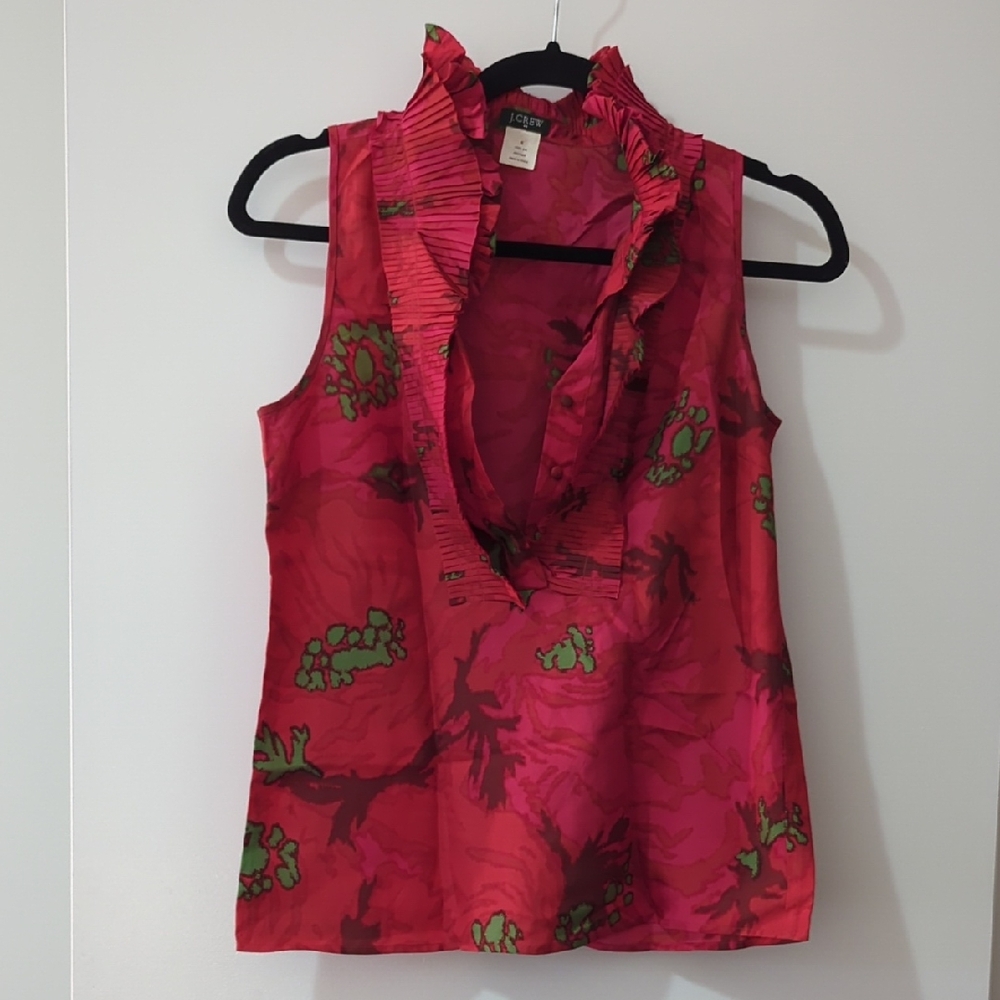 J. Crew Vintage Silk Red and Green Floral Ruffle Blouse